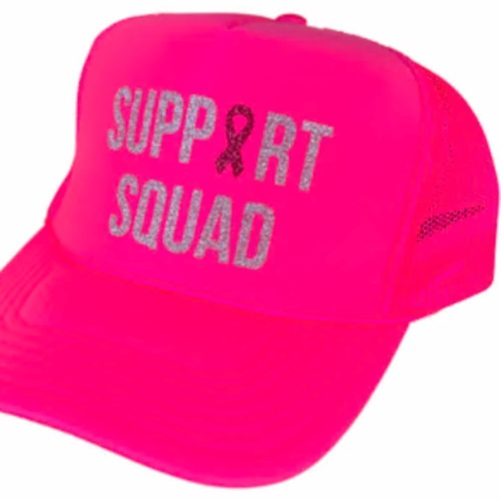 NWT Breast Cancer - Support Squad Hot Pink Silver Glitter Trucker Hat Snap Back
